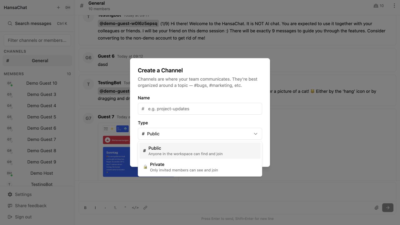 Public and private channel options
