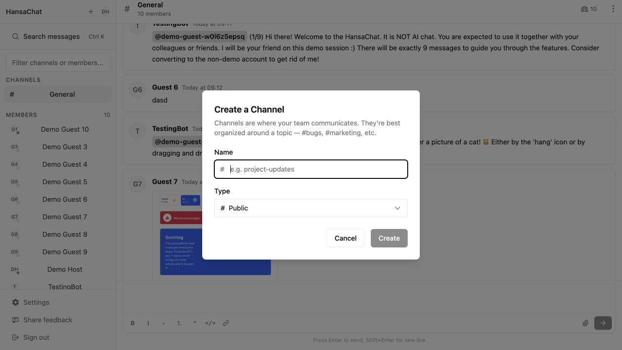Create channel dialog