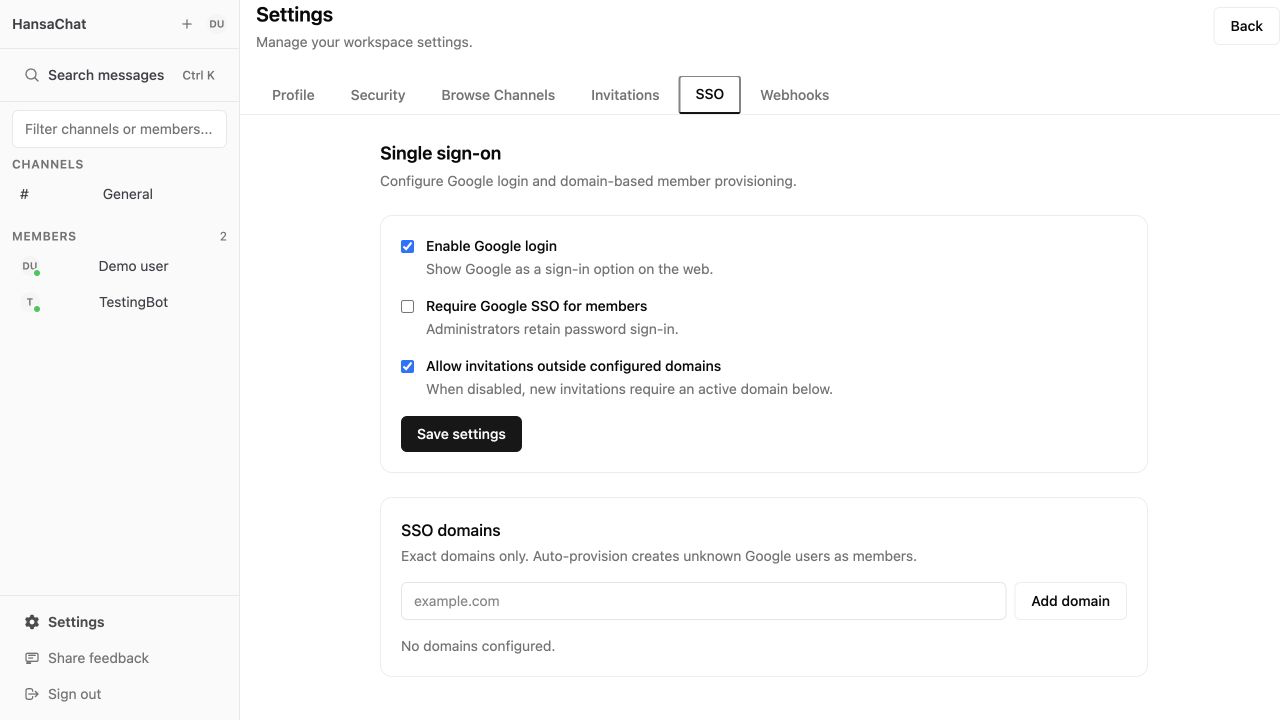 SSO settings overview