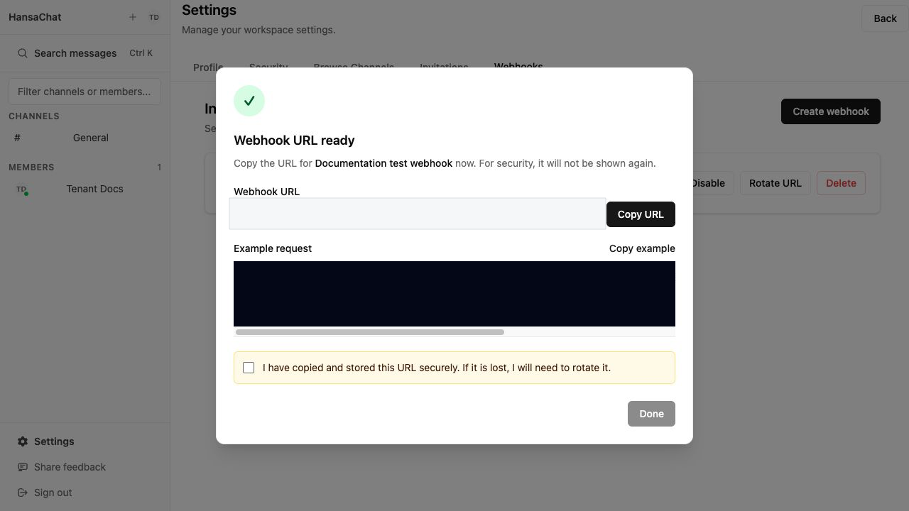 Webhook URL shown once