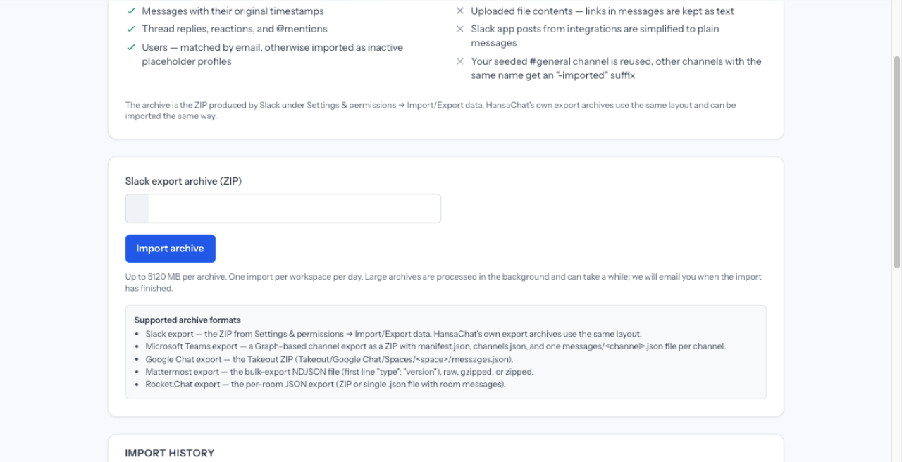 The workspace import page with the upload form and a finished import