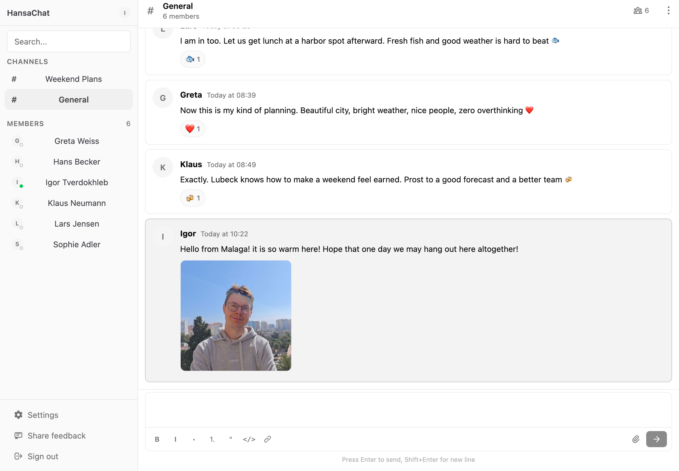 HansaChat company conversation open in the desktop app